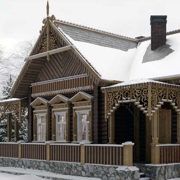 Snow-covered timber house